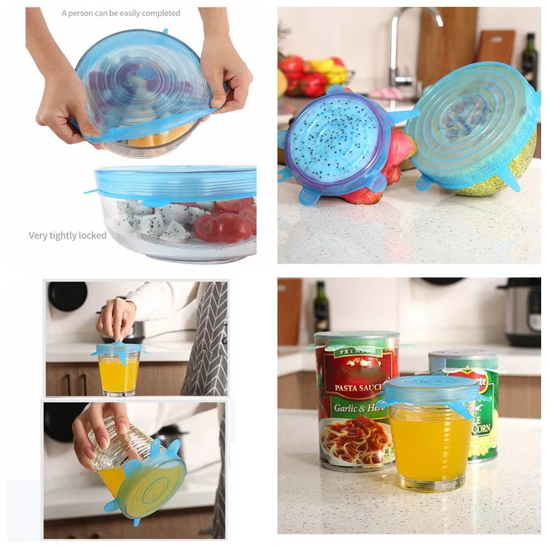 6pcs/bag Household Stretchable Silicone Fresh-keeping Lids Kitchen Food Storage Covers Fit Various Sizes And Shapes Of Container