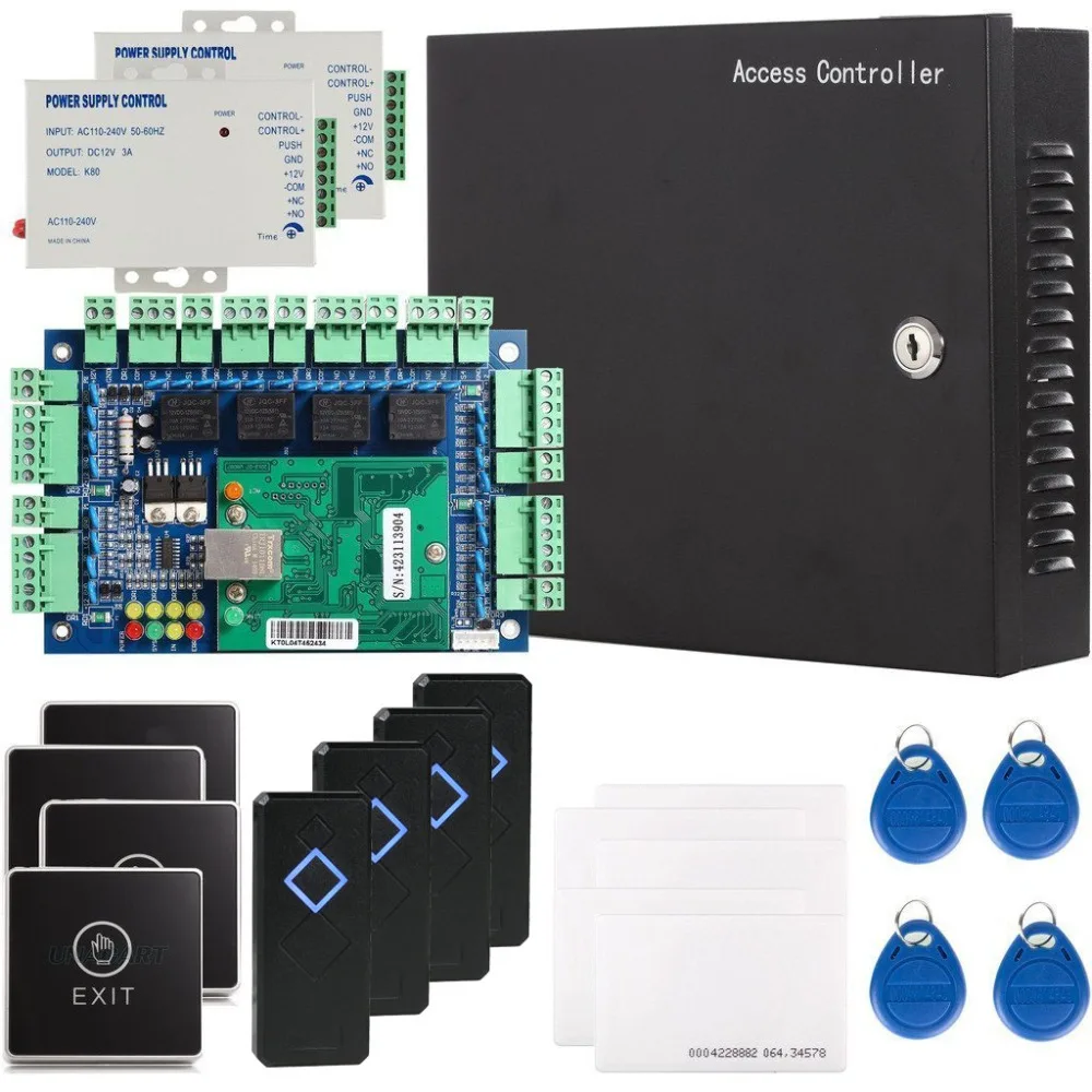 

Security TCP/IP Network RFID Access Control Board Kit Metal AC110V Power Converter Box with 125KHz USB Card Reader for 4 Doors