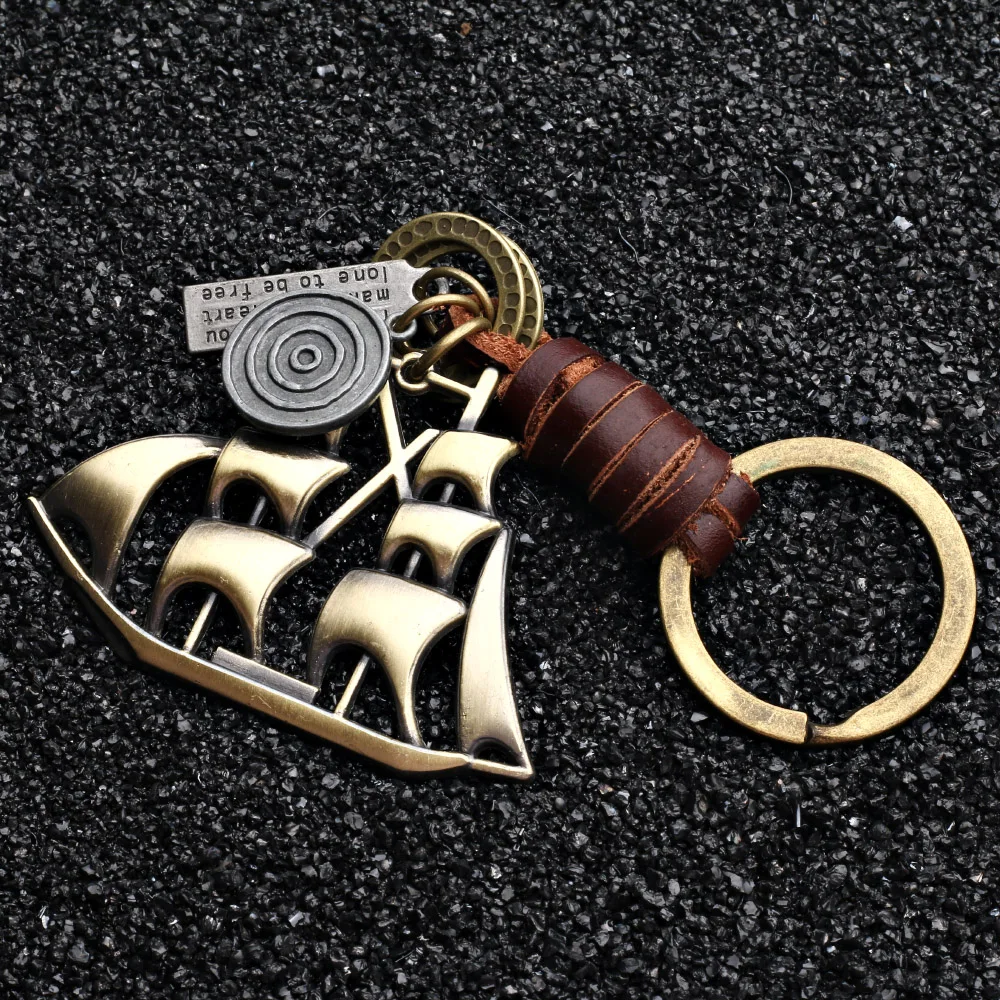 Yaducan 2019 charm jewelry Vintage Handwork Weave Genuine Leather Sailboat Keychain simple Alloy Accessories Men Key Chain