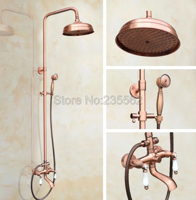 

8 Inch Bathroom Shower Faucet Red Copper Round Rainfall Wall Mounted Bathtub Shower Head Handheld Faucet Shower Set lrg571