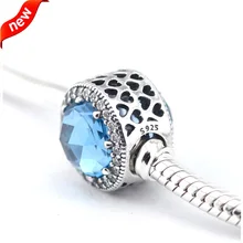 Подходит для Pandora Braclets сияющее сердце подвески с голубой кристалл серебряные бусины 925 пробы