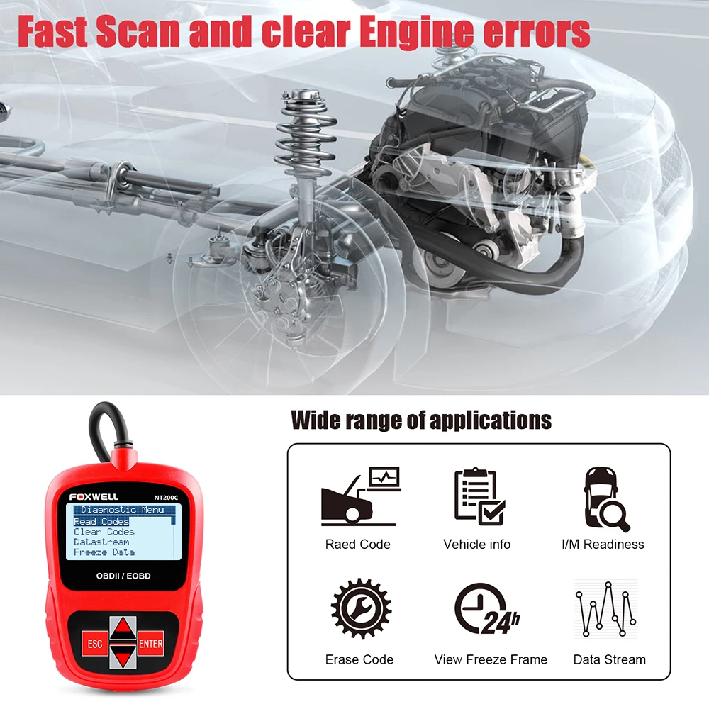 Автомобильный сканер FOXWELL NT200C OBD2 OBDII считыватель кодов двигателя датчик стоп