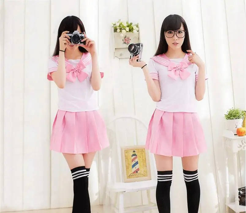 Korean Version Cosplay Costume Sailor Collar School Uniform Set With Bowknot Super Stretch  Girls Cotton Pleated Skirt 7