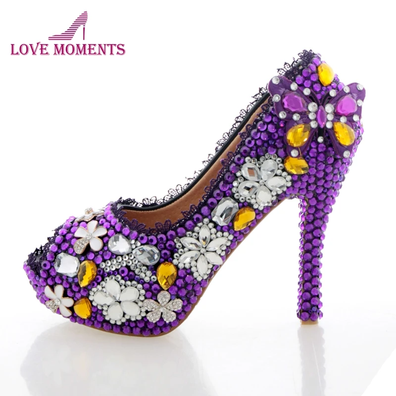 Purple Wedding Shoes Crystal High Heel Bridal Shoes Handmade Nightclub Rhinestone Bride Shoes Peep Toe Spring Women Prom Pumps Purple Wedding Shoes Crystal High Heel Bridal Shoes Handmade Nightclub Rhinestone Bride Shoes Peep Toe Spring Women Prom Pumps