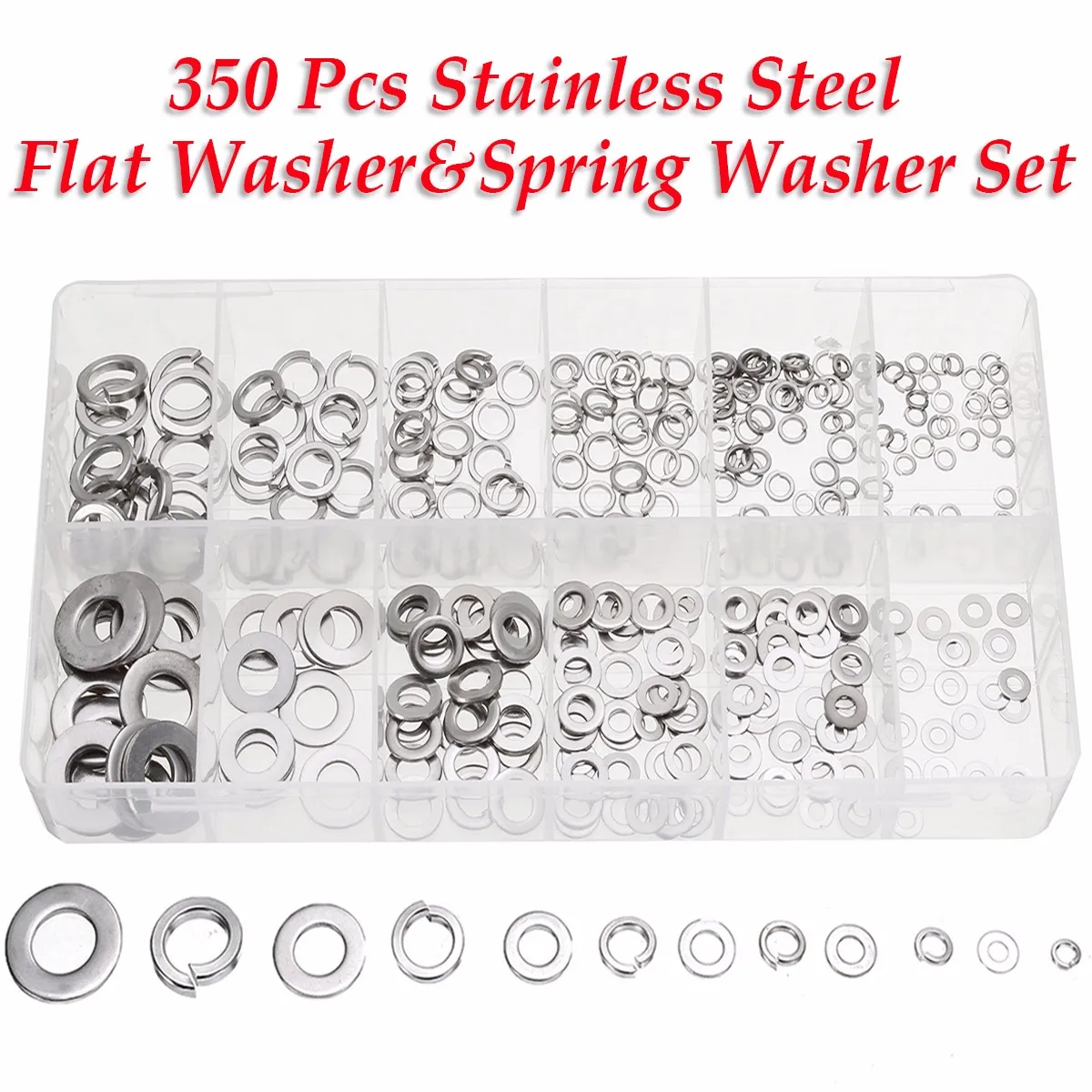 

350pcs Stainless Steel Washer Flat Split Spring Lock Assortment 12 Size Case Set with Box Fasteners Hardware Home Improvement