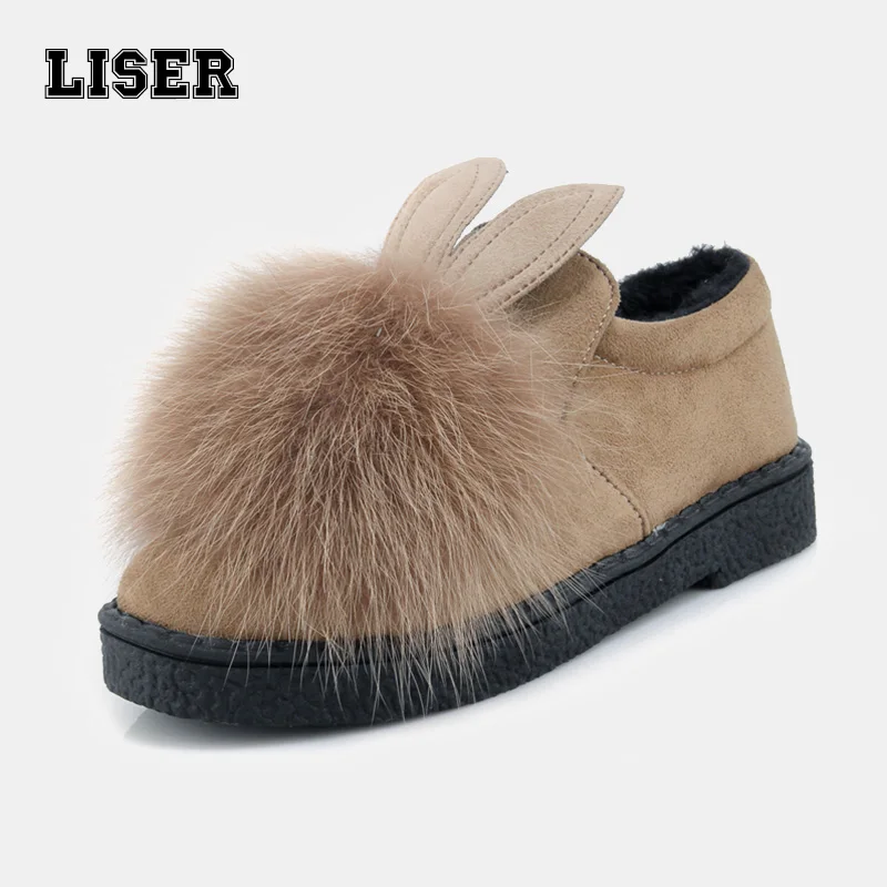 

women fox fur snow loafers flat shoes warm plush slip on shopping house cute leisure furry rabbit ears large size shoes 44 45