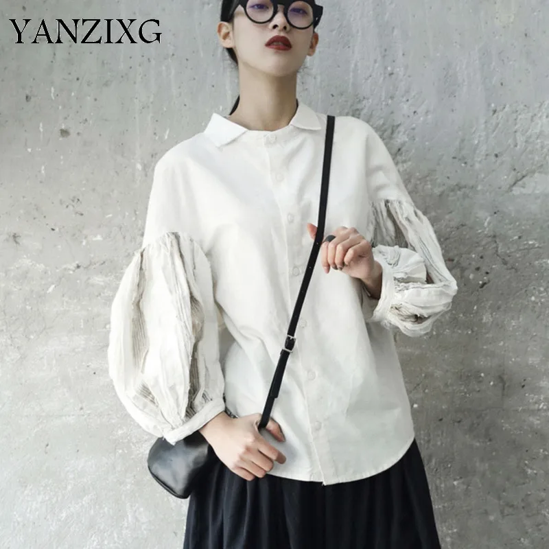 

2019 New Spring Summer Lapel Long Sleeve White Shirt Blouse Flashlight Double Split Joint Of Women Tassels A053