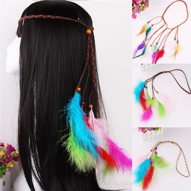 1pc New Women Girl Bohemian Wind Indian Long Feather Headband 3