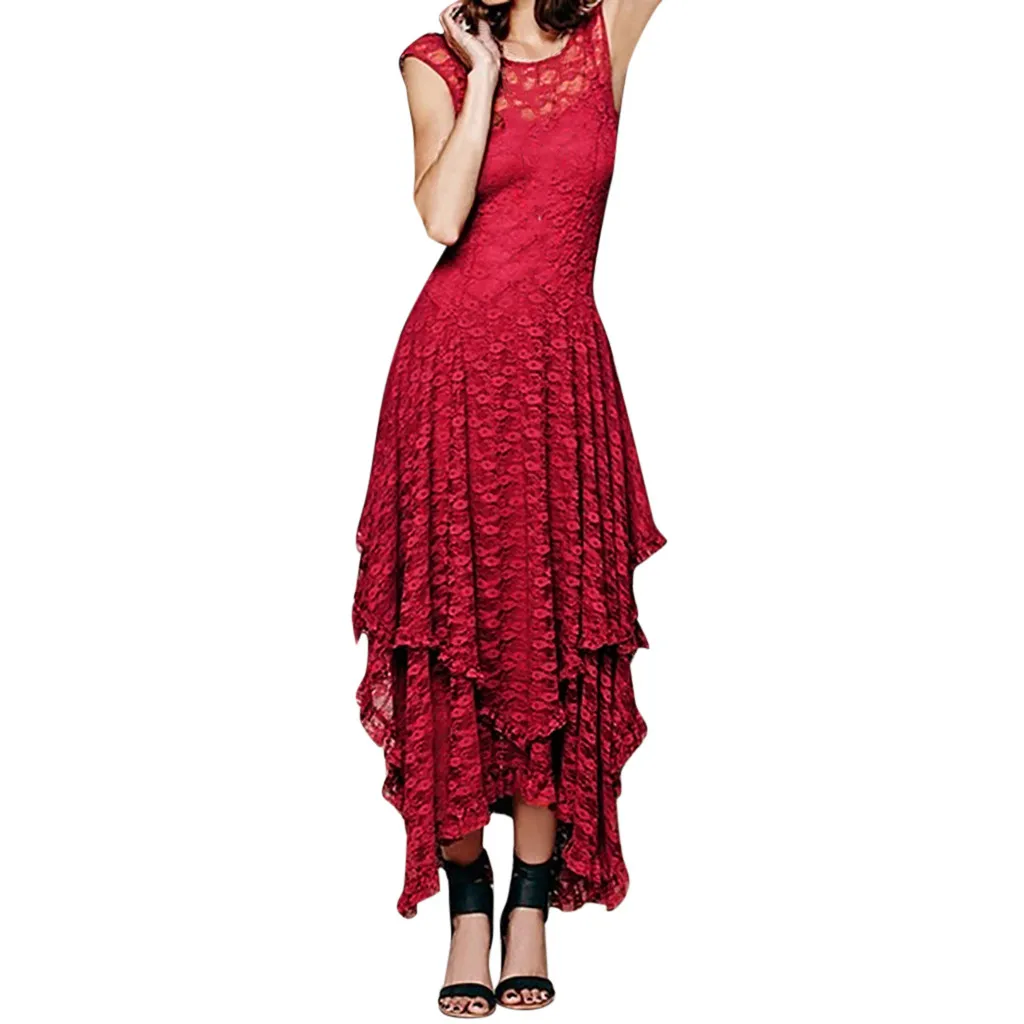 

Long Dress Fashion Women's Boho Irregular Lace Sexy Double Layered Dress Ruffled Trimming Summer vintage Red Dresses -30