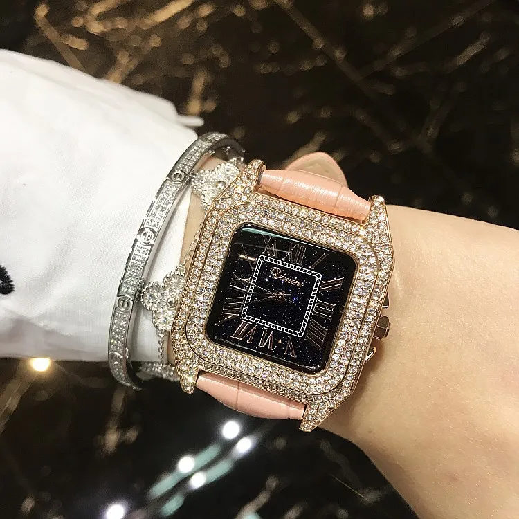 Новые Топ Роскошные Полный алмаз квадратный Римский браслет с цифрами часы для женщин Мода кожаный ремешок Стразы кварцевые часы