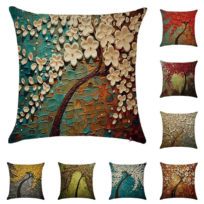 

RULDGEE 1PC 3D Oil Painting Trees Flowers Pillow Cover Cherry Blossom Blooming Printing Pillowcase Modern Painted Cushion Cover