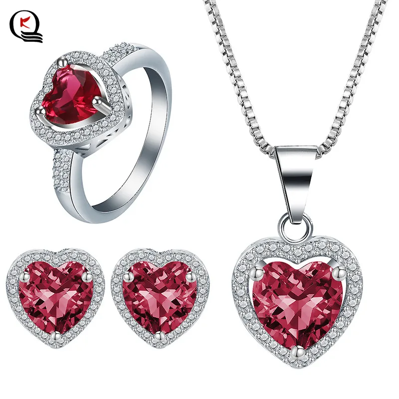 

Romantic Heart Shaped Red Color Crystal Rhinestone Pendant Necklace Earrings Ring Jewelry Sets Women Fashion Wedding Jewelry