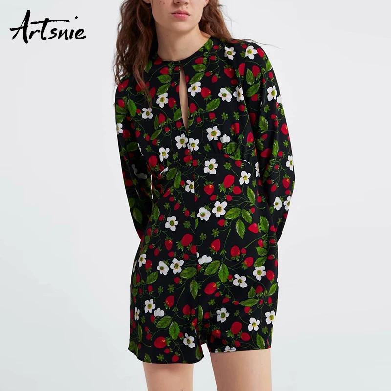 

Artsnie Spring 2019 Boho Floral Print Women Playsuits O Neck Hollow Out Short Rompers Double Pockets Beach Jumpsuits Overalls