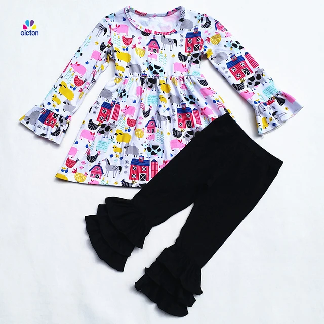 Best Sell Baby Clothes Knit Cotton Farm Print Ruffle Dress Match
