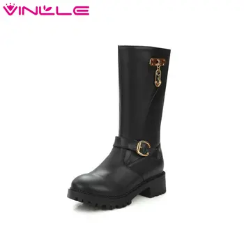 

VINLLE 2020 Buckle White Winter Women Shoes PU Square Med Heel Mid Calf Boot Slip on Snow Boots Women Fashion Boots Size 34-43