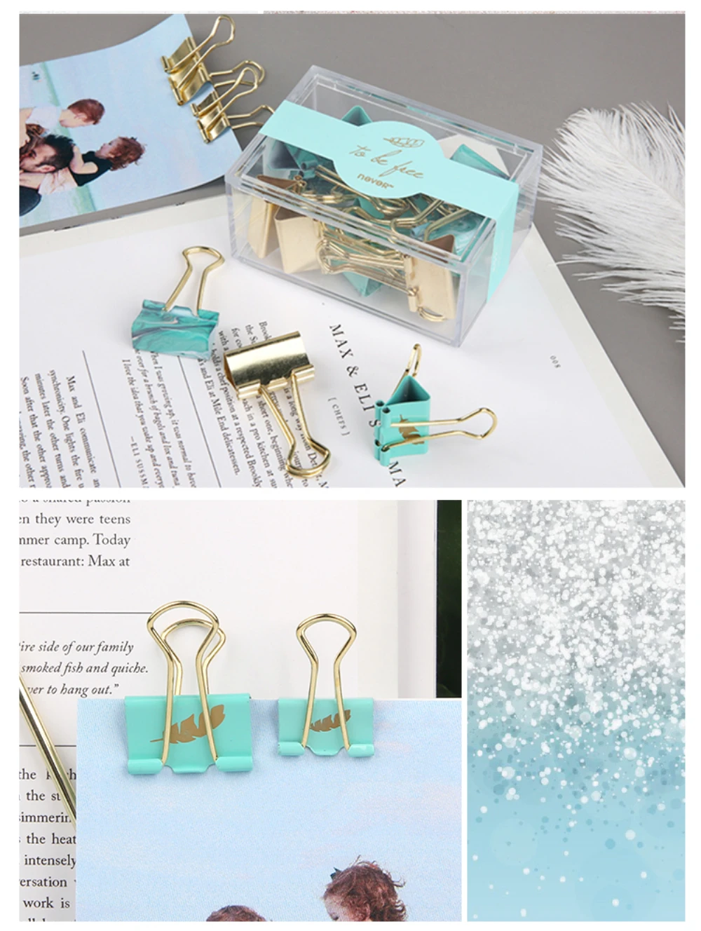 light blue medium metal binder clips gold paper clamp office school fold back clip
