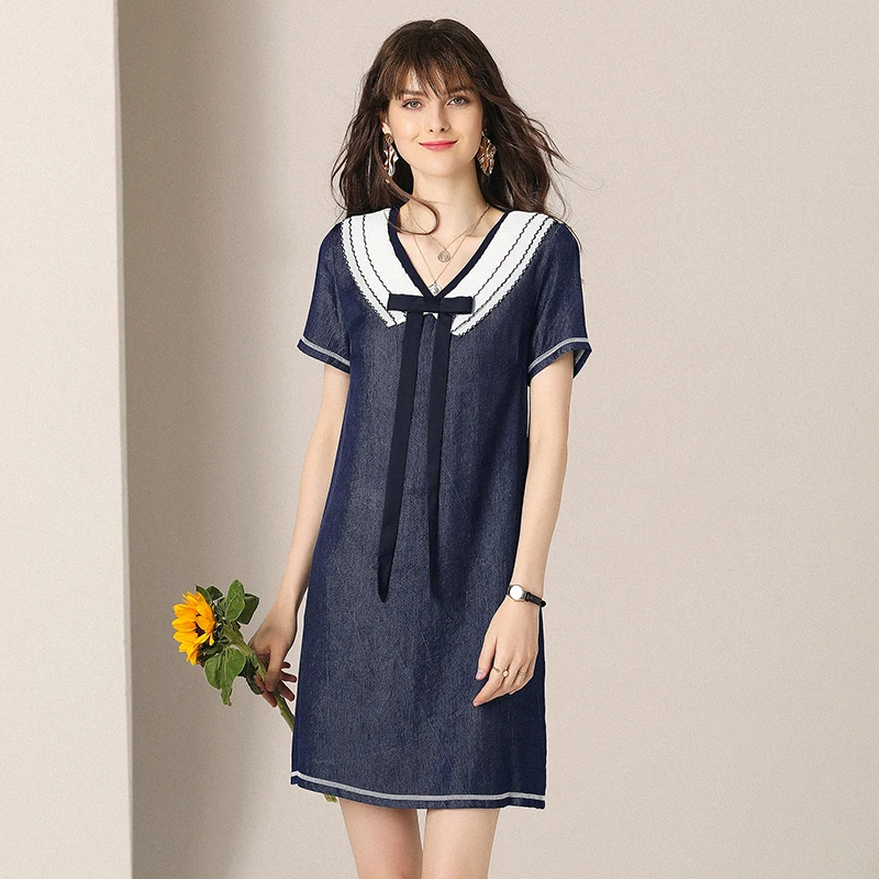 

2019 New Summer Fashion Casual Denim Dress Elegant Sweet Bow Patchwork V-neck Short Sleeve Solid Women's A-line Loose Dress