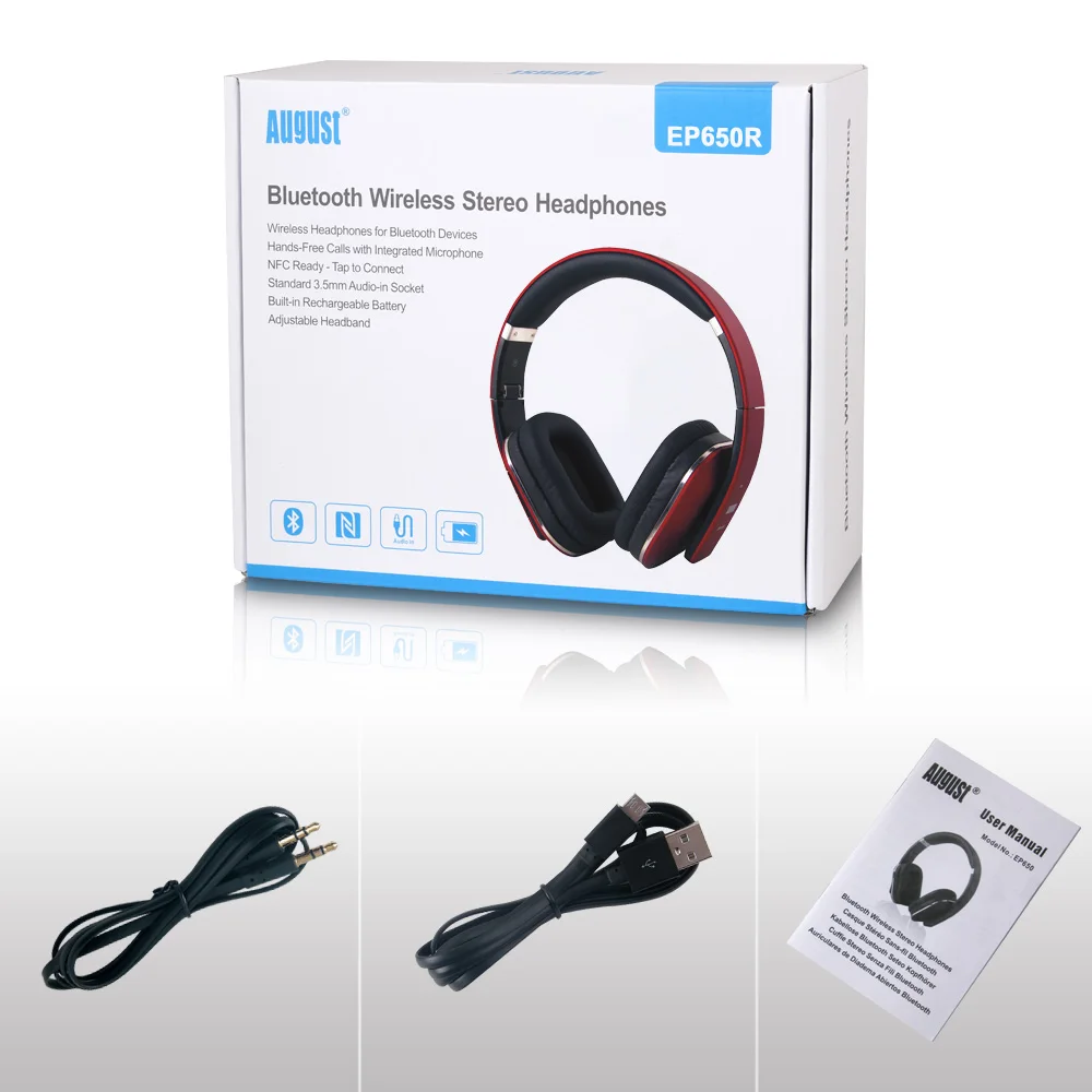August EP650 Red Upgrade Wireless Bluetoooth Headphones