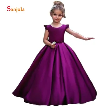 

Purple Satin A-Line Girls Pageant Party Dresses Scoop Open Back with Bow Flower Girls Dresses Ruffles Cap Sleeve Party Gown SD84