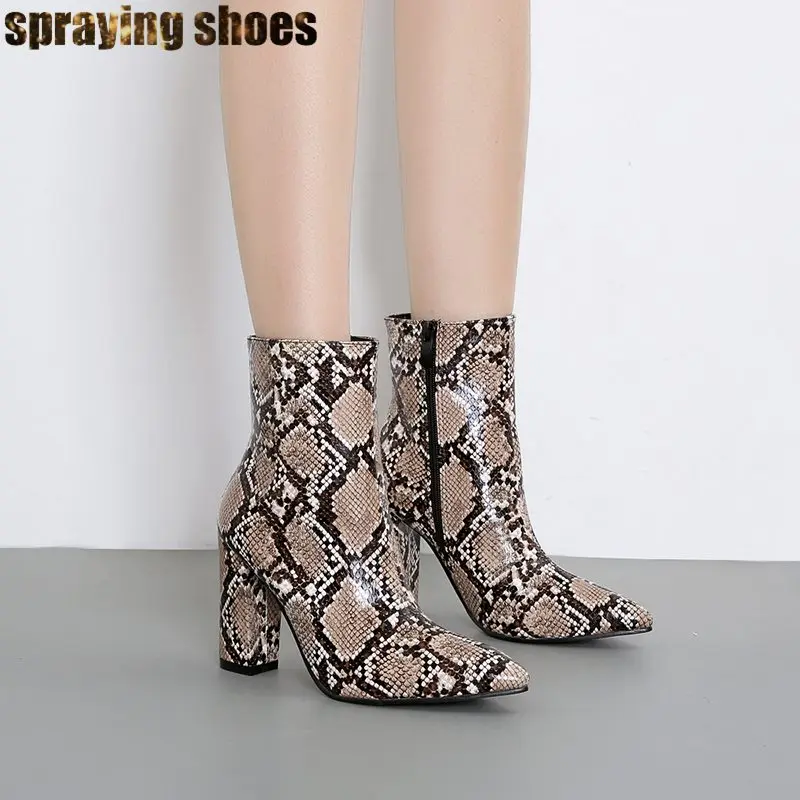 

2019 Autumn Winter Patent Leather Snakeskin Short Booties Pointed Toe 10CM Chunky High Heel Ankle Boots For Women