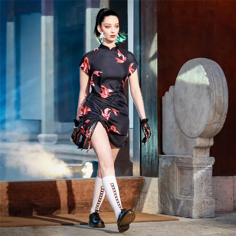 

Macheda Fashion Koi Printing Cheongsam Dress Women Drawstring Short Sleeved Mandarin Collar High Waist Slim Dress 2019 New