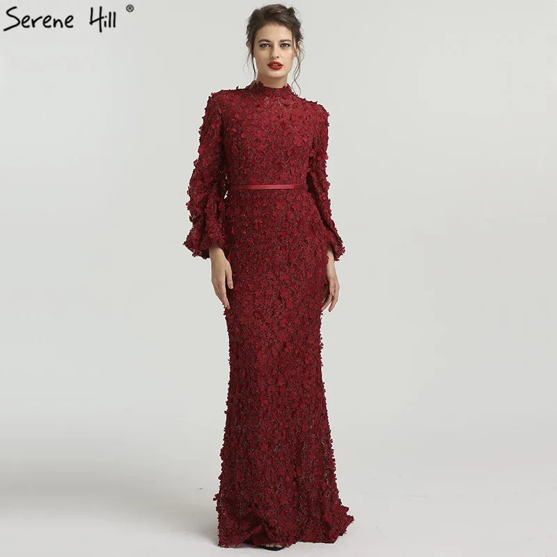 

Flowers Pearls Long Sleeves Mermaid Evening Dresses Muslim Fashion Elegant Evening Gowns 2019 Serene Hill Plus Size LA6293