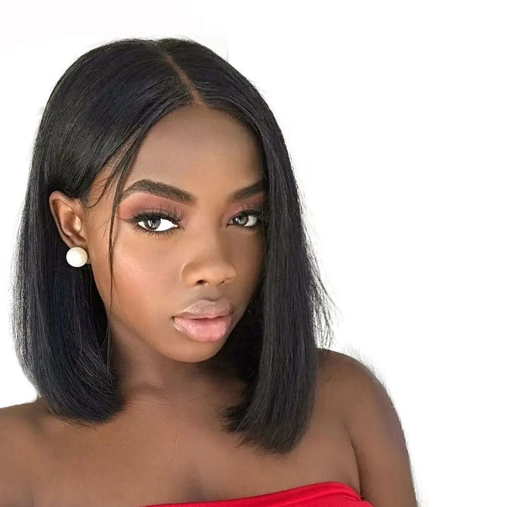 

Short Human Hair Wigs Bob Wig Lace Front Wig 3 Inch Middle Part Brazilian Remy Hair Bleached Knots Natural Color AliBlissWig