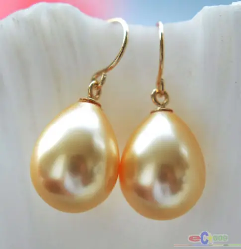 

Genuine 16x12mm golden DRIP SOUTH SEA SHELL PEARL DANGLE EARRING 14k r