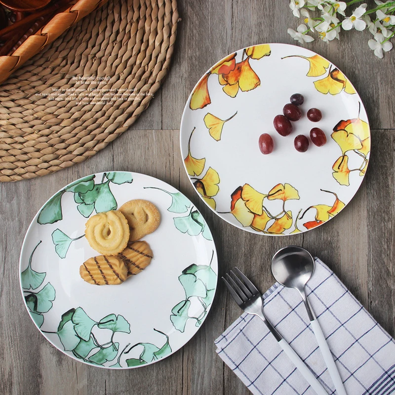 

1pc 8 inches Natural Design Ceramic Dinner Plate Porcelain Tableware Fine Bone China Plates Green and Yellow Dish Kitchen Supply