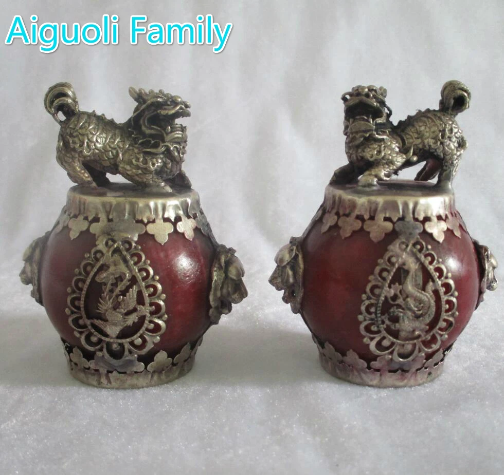 Goedkoop Kunstcollectie 1 Paar (2 item) Tibet Zilveren Rode Jade Foo Fu Hond Standbeeld Chinese Woondecoratie FengShui Leeuw Sculptuur
