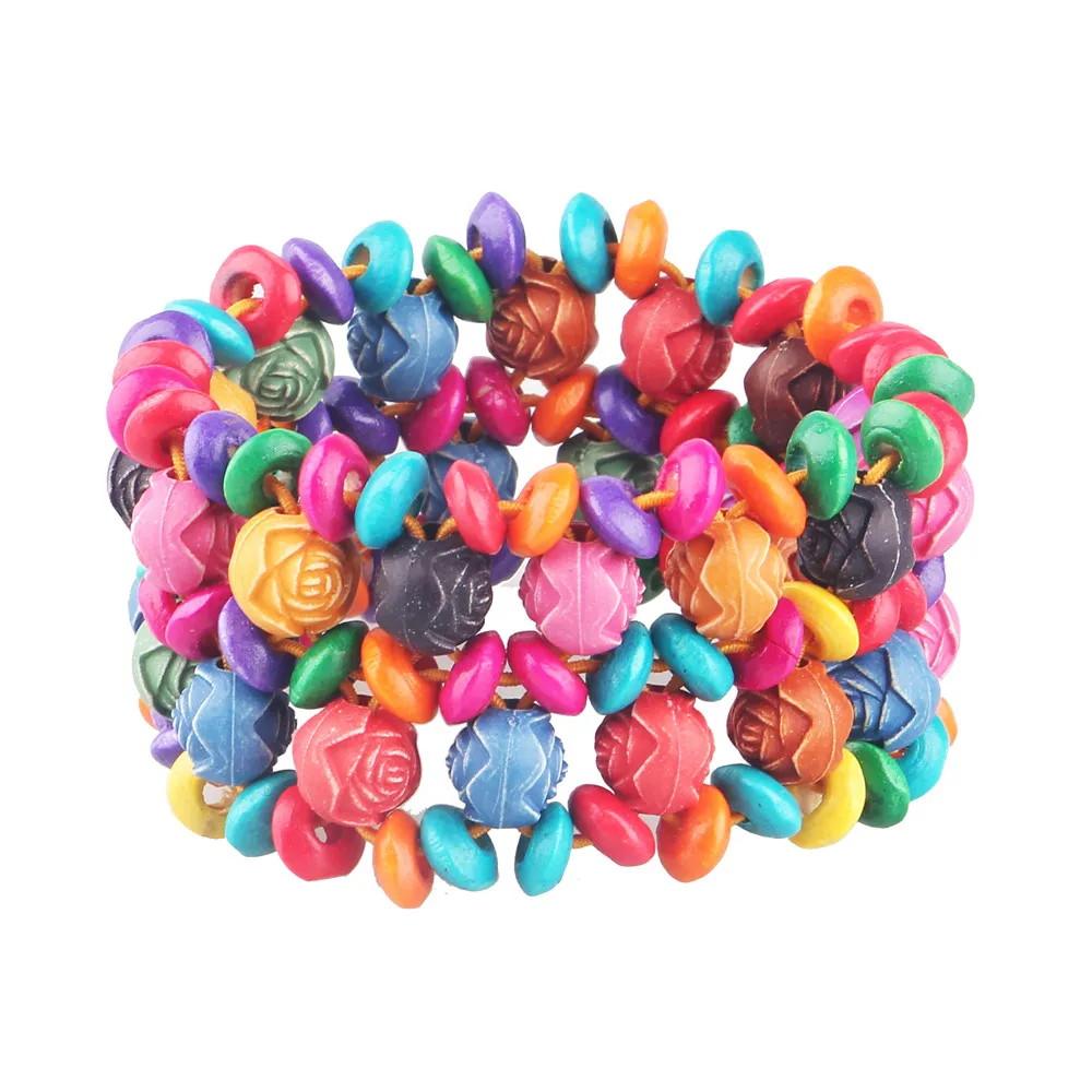 

New 3cm Wide Bohemian Colorful Wood Rose Beaded Chain Bracelet Ethnic Sting Elastic Bracelets For Men Women