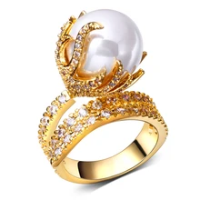 Forme a mujeres los anillos chapado en oro con blanco CZ y perlas de imitación de alta calidad anillo de dedo partido anillos envío gratis tamaño completo