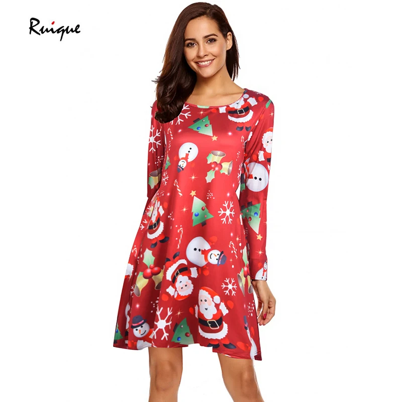 

Ruique 2018 New Large Size Winter Women Dresses Ladies Snowman Swing Short Dress Girls Cute Printed Christmas Party Dress
