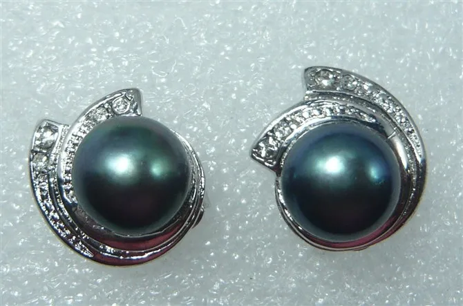 

Hot selling> 2 choices wholesale Genuine cultured 9-10mm noble black shell pearl stud earring #424 -Bride jewelry free shipping
