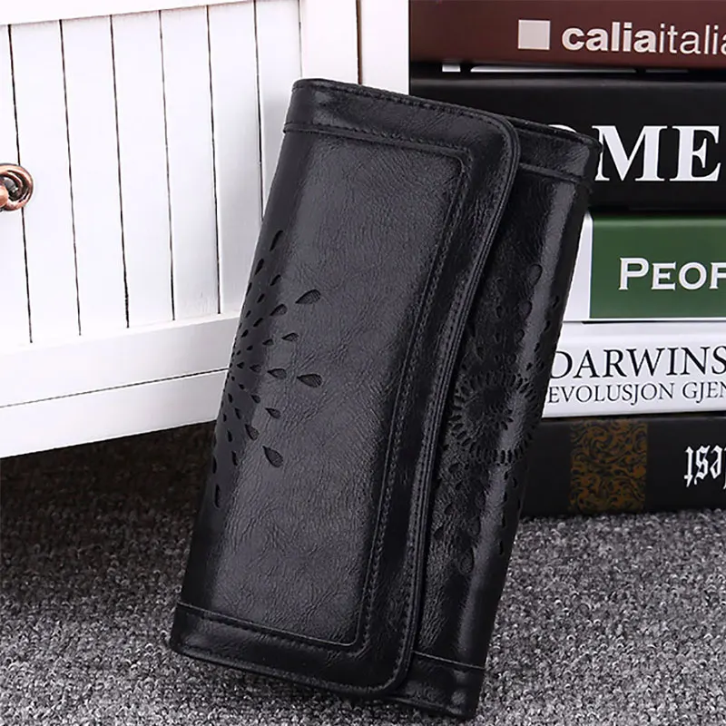 

2019 New Hollow Out Pattern Retro Wallet Female Purse PU Leather Handbag Practical Women wallets And Purses Vintage Long Wallets