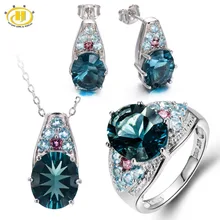 Natural Blue Fluorite & Tourmaline & Apatite Solid 925 Sterling Silver Jewelry Sets Ring & Pendant & Earrings Womens