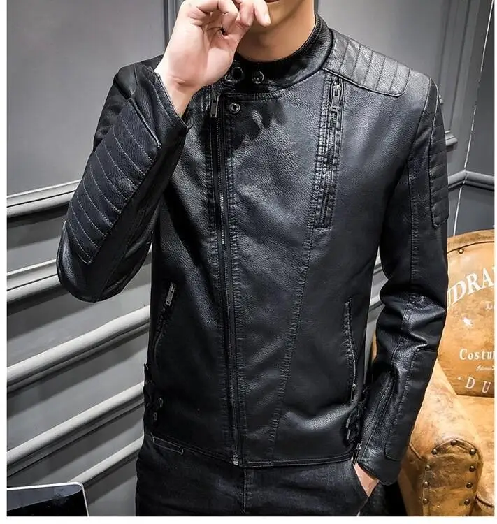 

Fashion leather jacket men's locomotive 2019 new thin men's European and American Slim trend leather jacket