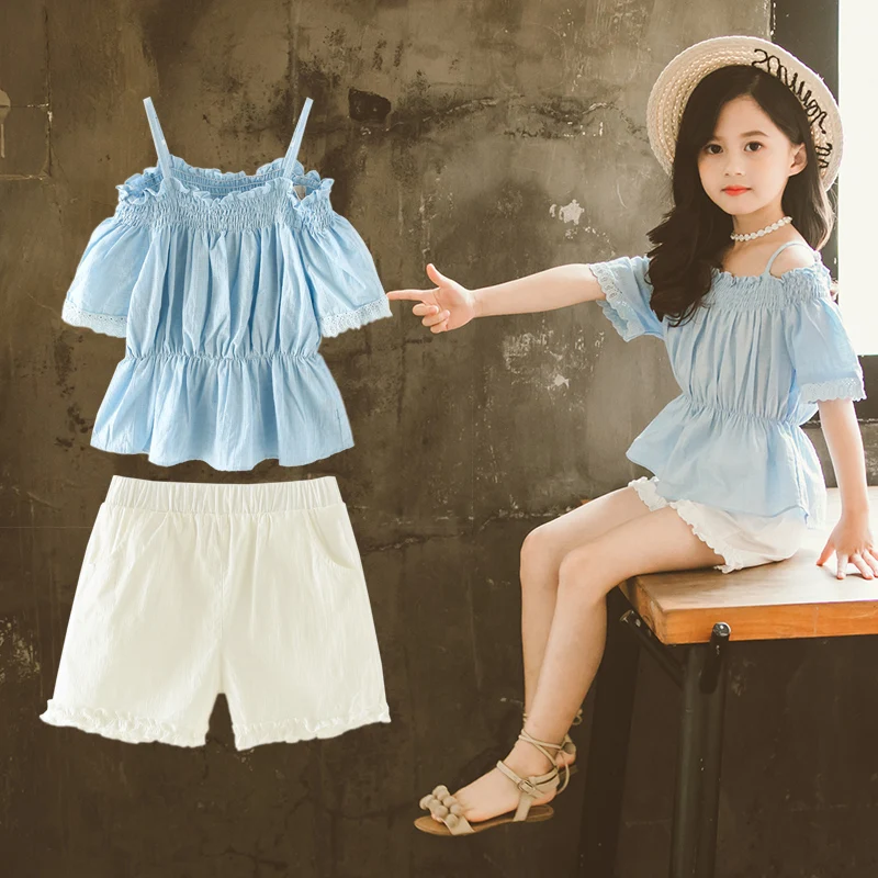 

Toddler Girls Boutique Outfits 2019 Summer Big Girls Sets Clothing Solid Off The Shoulder Blouse + Shorts Kids Teens Tracksuit 8
