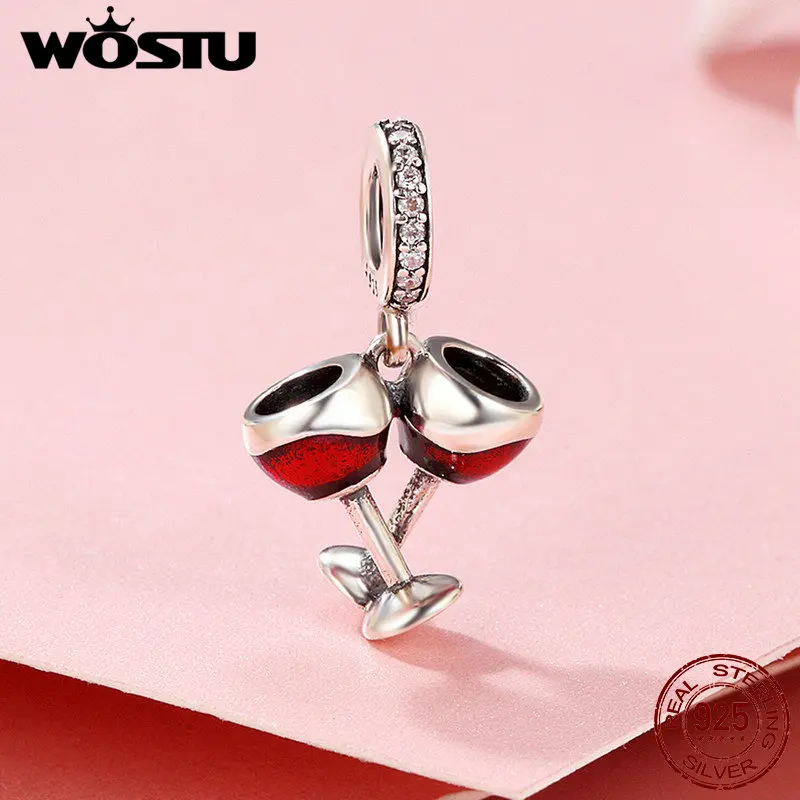 WOSTU Real 925 Sterling Silver Cheers for Love Couple Beer Pendant Charm Fit DIY Bracelet Jewelry Valentine Day Gift FIC478