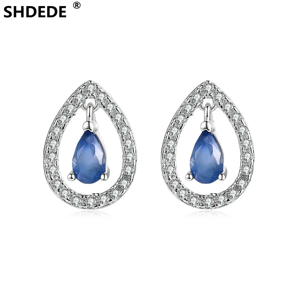 

SHDEDE S925 Sterling Silver jewelry 18K platinum inlaid sapphire pear shaped ear studs earrings Star Street shot Trendy Gift