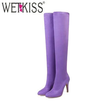 

WETKISS Plus Size 34-48 New 2019 New Fashion Spring Winter Stretch Flock Thigh High Boots Women High Heels Over The Knee Boots