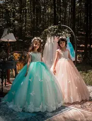 2019 новый дизайн зеленая мята для девочек Нарядные платья бальное платье кружевная Апликация бабочки дети вечерние платья