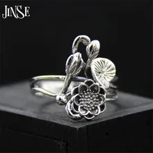 JINSE S925 Lotus Ring 925 Sterling Silver NEW Lotus Flower Leaf Bud Jewelry Symbol Namaste Yoga 17mm