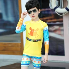 Детская одежда для мальчиков и девочек, комплект из двух предметов с длинным рукавом Купальники Костюм UPF50+ желтый с принтом рубашка для плавания и штаны спортивный костюм, пляжный комплект купальников