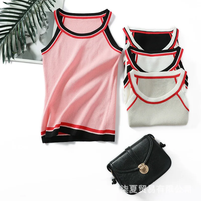 

New edition knitting women's summer thin round collar sleeveless pure color small condole belt vest comfortable fashion