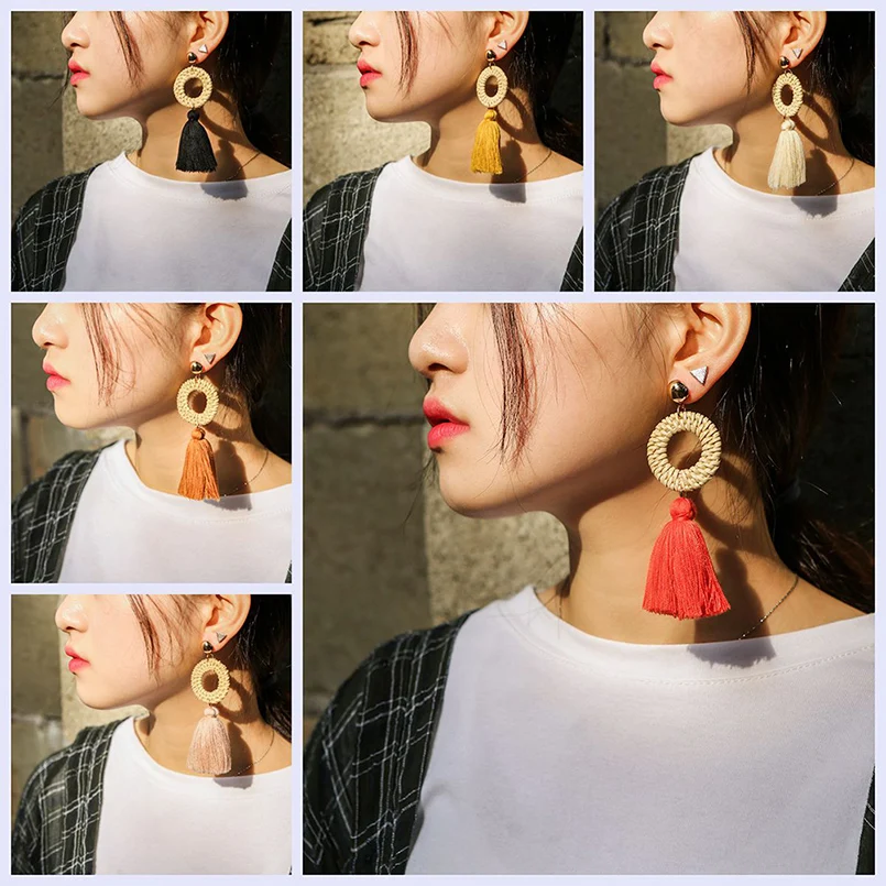 MANILAI Women Circular Straw Rattan Tassel Earrings Long Dangle Fringed Earrings Bohemian Statement Eardrop 2018 Jewelry Big