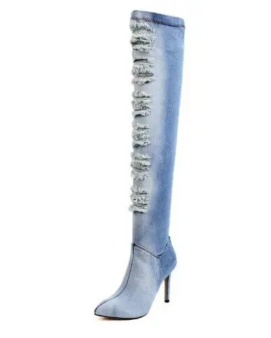 

Denim over-the-knee long boots Women pointed toe high heel long boots Fashion denim super high thin heel boots Dress shoes