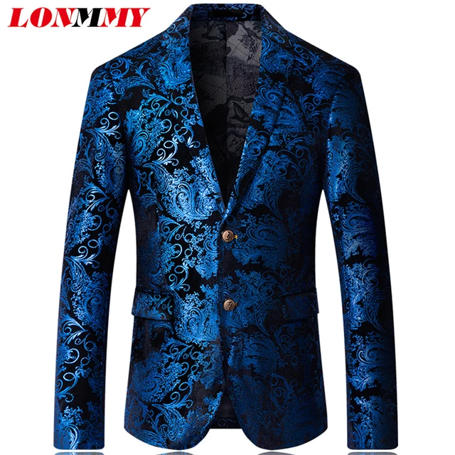 LONMMY Fashion blazer men jacket tuxedo Blue Gold mens suits wedding ...