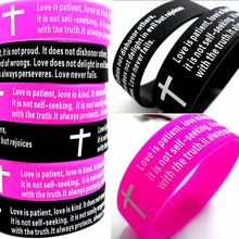 Массовая партия 100 шт любовные молитвенные библейские силиконовые браслеты для мужчин Womem Jesus браслеты 1 Коринфянам 13:4 браслет с изображением Иисуса религиозный подарок