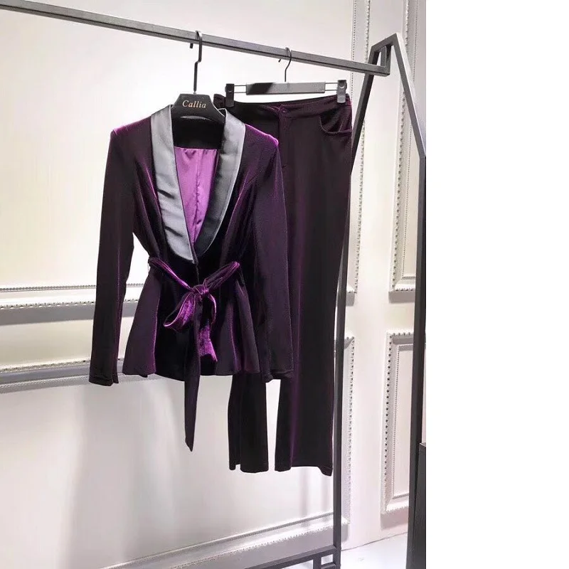 

Velvet Tracksuit 2019 Spring Autumn Fashion Blazer Sets Women Notched Collar Bow Belt Blazer Jacket+Full Length Velour Pant Set